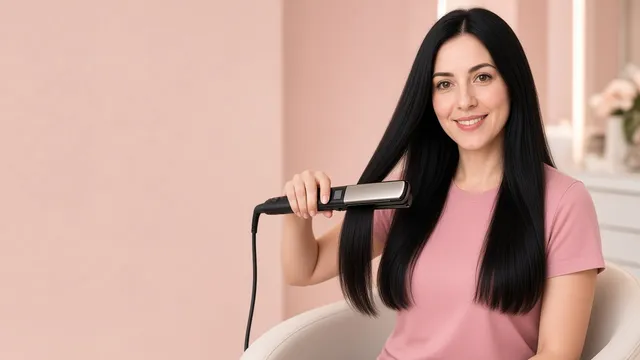 Mulher de cabelo preto e liso alisando uma mecha com chapinha profissional.