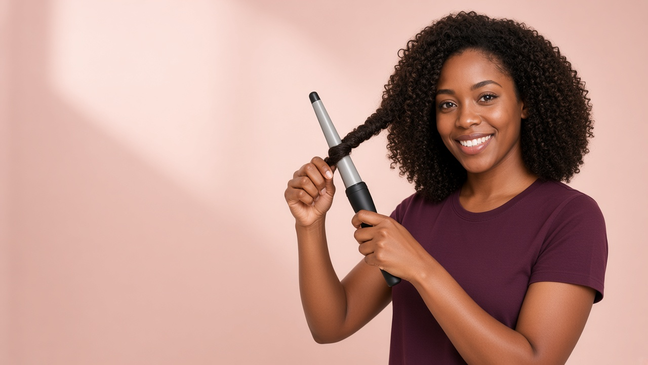 Mulher negra de cabelo cacheado enrolando uma mecha no modelador de cachos.