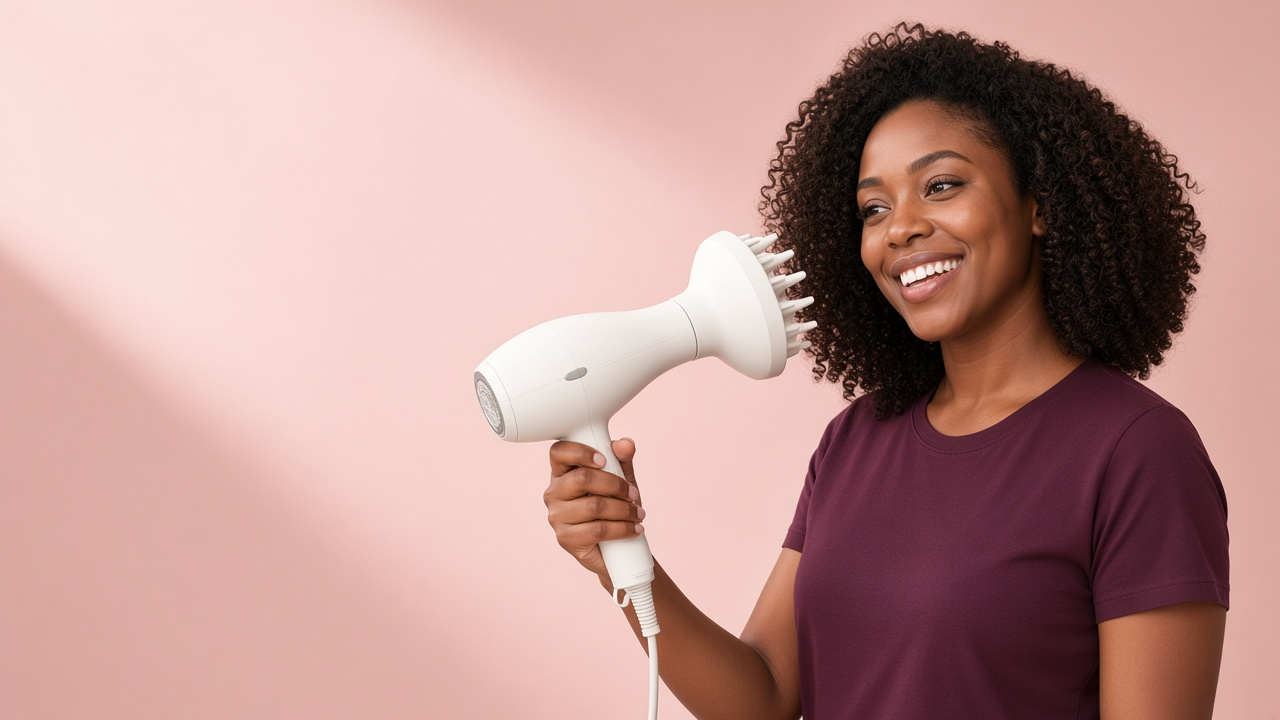 Mulher negra de cabelo cacheado secando os cachos com secador e difusor.