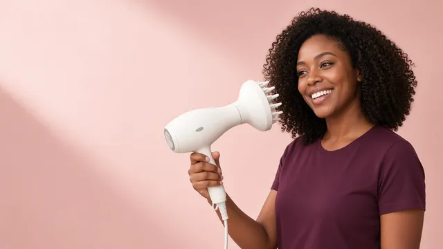 Mulher negra de cabelo cacheado secando os cachos com secador e difusor.